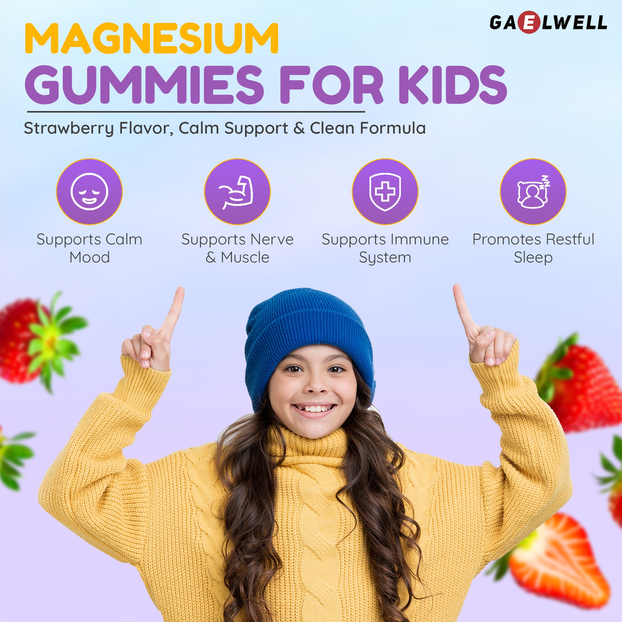 Gaelwell™ Kids Magnesium Gummies with Magnesium Citrate – Sugar-Free Strawberry Flavour – Calm & Sleep Support for (Children 3+) – 60 Gummies – Vegan & Gluten-Free
