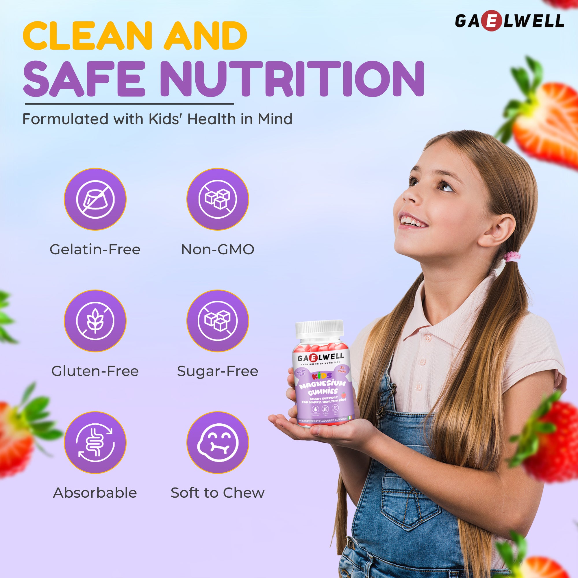 Gaelwell™ Kids Magnesium Gummies with Magnesium Citrate – Sugar-Free Strawberry Flavour – Calm & Sleep Support for (Children 3+) – 60 Gummies – Vegan & Gluten-Free