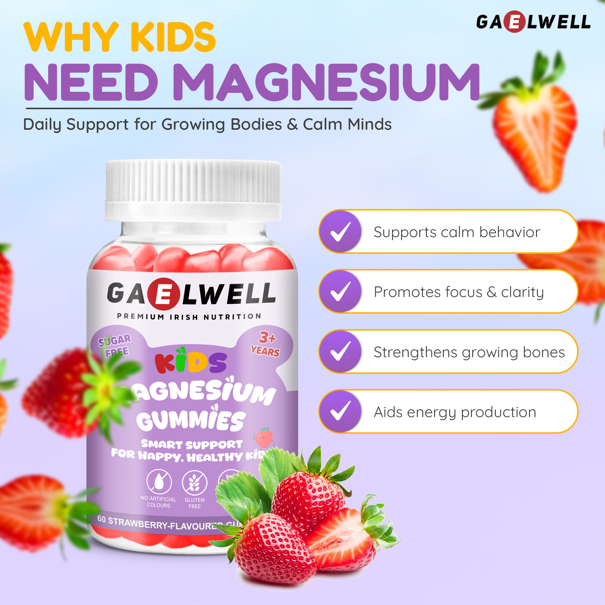 Gaelwell™ Kids Magnesium Gummies with Magnesium Citrate – Sugar-Free Strawberry Flavour – Calm & Sleep Support for (Children 3+) – 60 Gummies – Vegan & Gluten-Free
