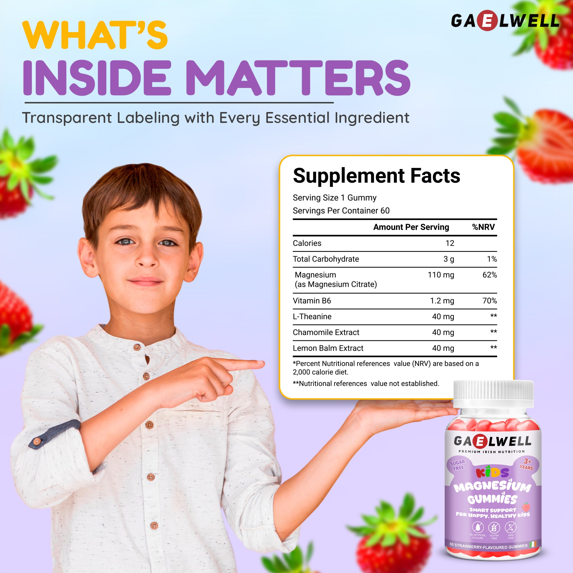 Gaelwell™ Kids Magnesium Gummies with Magnesium Citrate – Sugar-Free Strawberry Flavour – Calm & Sleep Support for (Children 3+) – 60 Gummies – Vegan & Gluten-Free