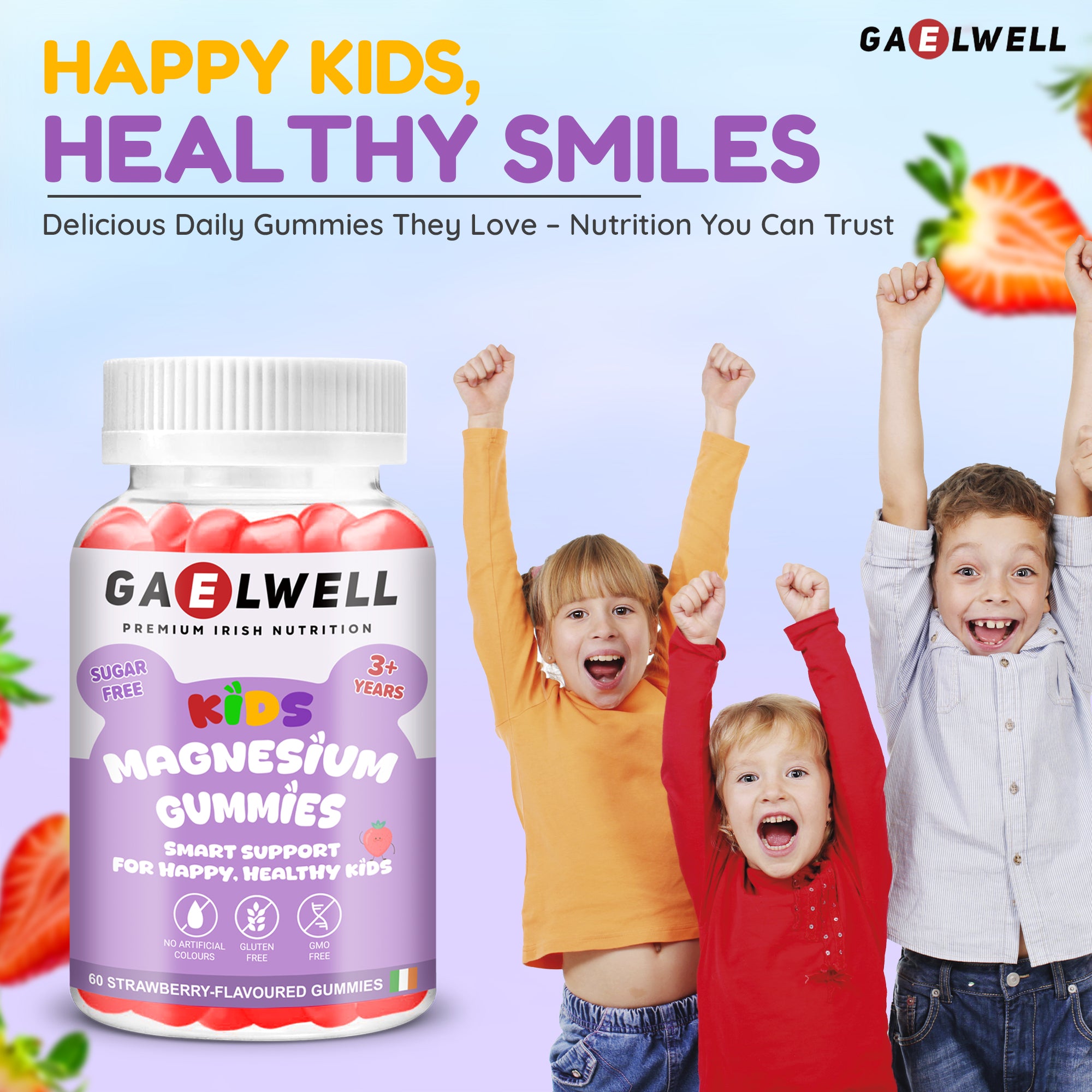 Gaelwell™ Kids Magnesium Gummies with Magnesium Citrate – Sugar-Free Strawberry Flavour – Calm & Sleep Support for (Children 3+) – 60 Gummies – Vegan & Gluten-Free