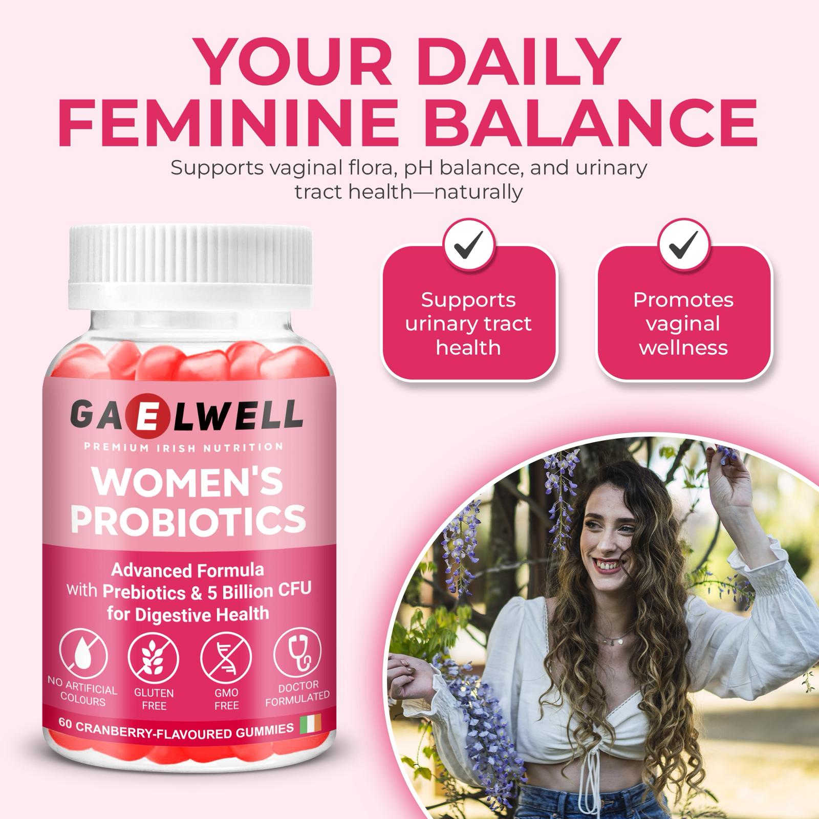 Gaelwell™ Women’s Probiotic Gummies – 5 Billion CFU, 6 Strains – Gut & Digestive Support – Cranberry Flavour – Vegan, Gluten-Free, Non-GMO, HACCP GMP Certified – 60 Gummies