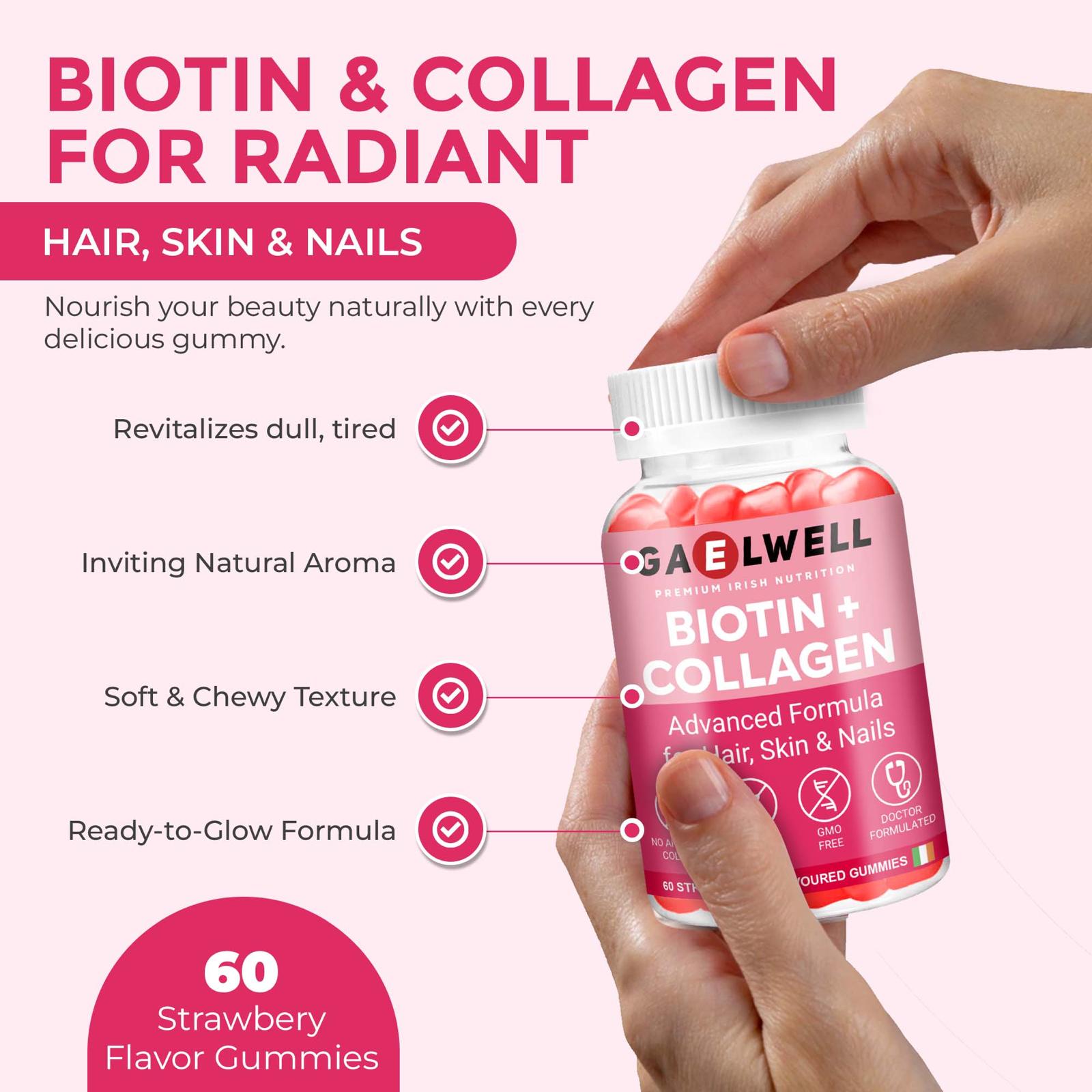 Gaelwell™ Biotin + Collagen Gummies - High Strength 5000mcg Biotin, Marine Collagen, Vitamin C, Zinc - Hair Growth, Skin & Nail Support - Gluten-Free, Vegan-Friendly, Non-GMO, 60 Strawberry Gummies