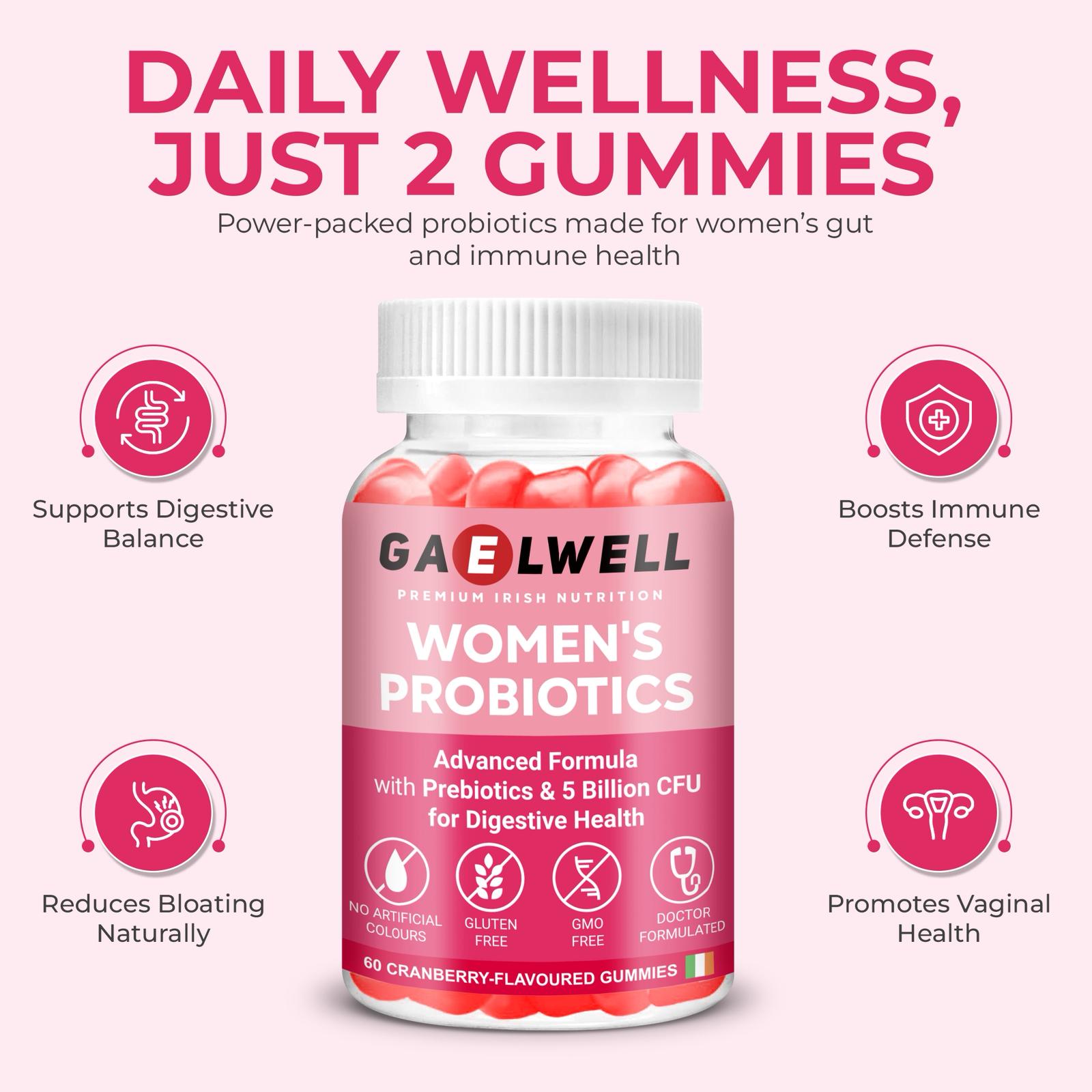 Gaelwell™ Women’s Probiotic Gummies – 5 Billion CFU, 6 Strains – Gut & Digestive Support – Cranberry Flavour – Vegan, Gluten-Free, Non-GMO, HACCP GMP Certified – 60 Gummies