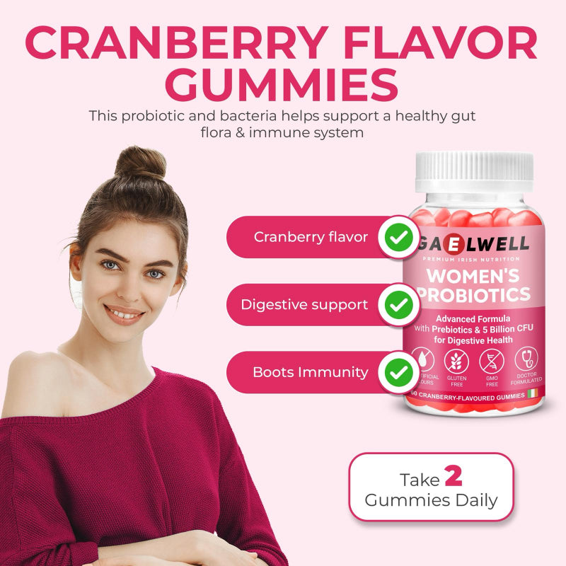 Gaelwell™ Women’s Probiotic Gummies – 5 Billion CFU, 6 Strains – Gut & Digestive Support – Cranberry Flavour – Vegan, Gluten-Free, Non-GMO, HACCP GMP Certified – 60 Gummies