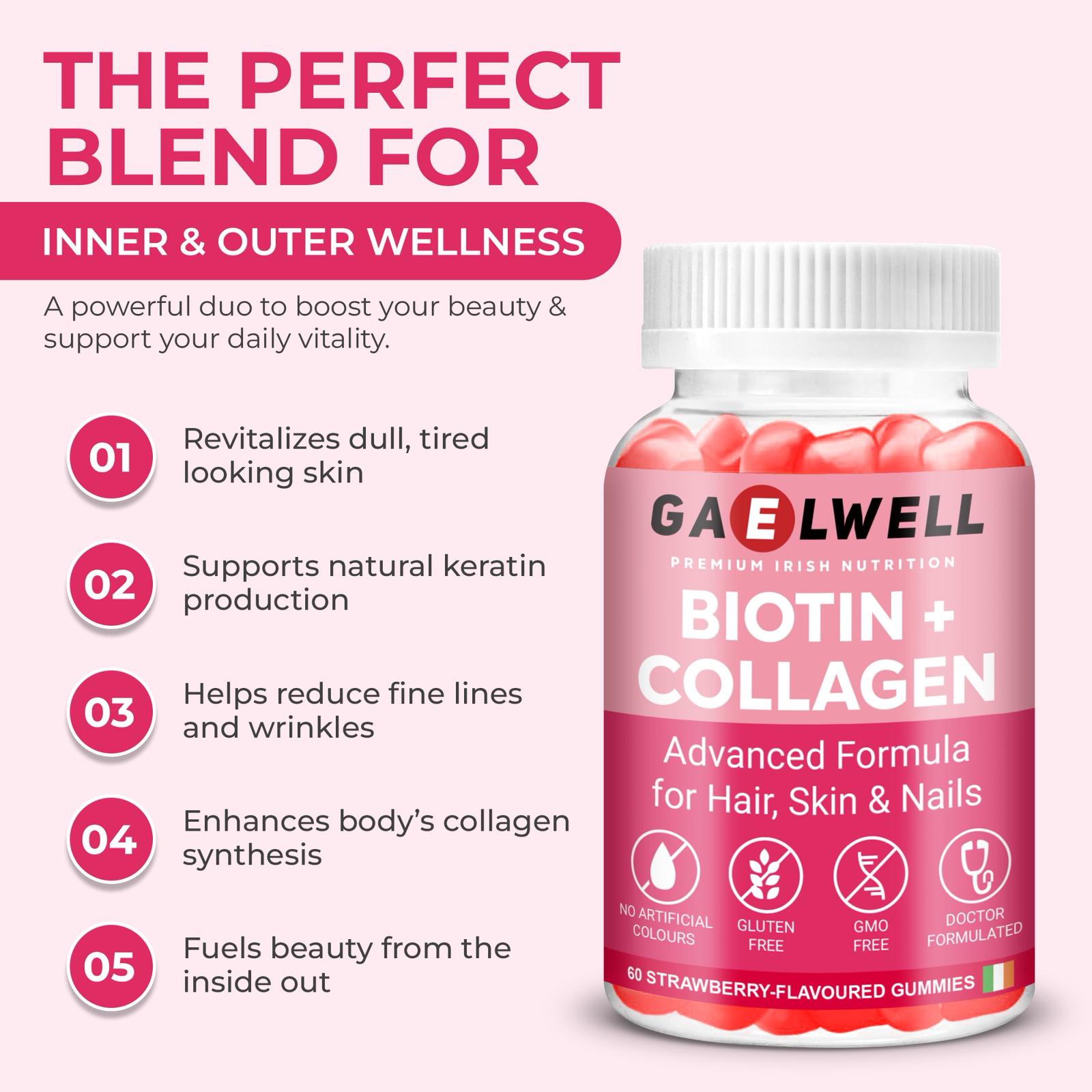 Gaelwell™ Biotin + Collagen Gummies - High Strength 5000mcg Biotin, Marine Collagen, Vitamin C, Zinc - Hair Growth, Skin & Nail Support - Gluten-Free, Vegan-Friendly, Non-GMO, 60 Strawberry Gummies
