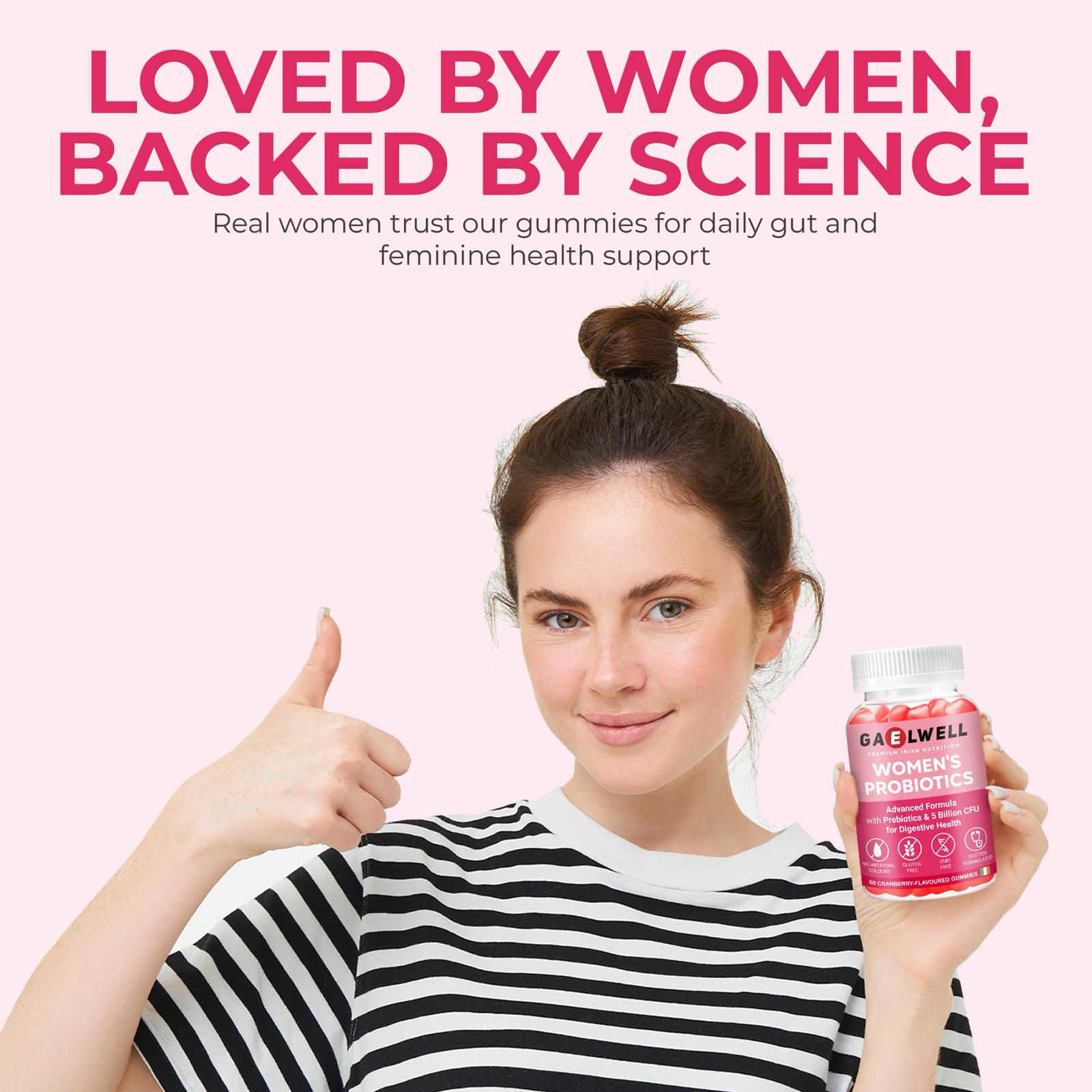 Gaelwell™ Women’s Probiotic Gummies – 5 Billion CFU, 6 Strains – Gut & Digestive Support – Cranberry Flavour – Vegan, Gluten-Free, Non-GMO, HACCP GMP Certified – 60 Gummies