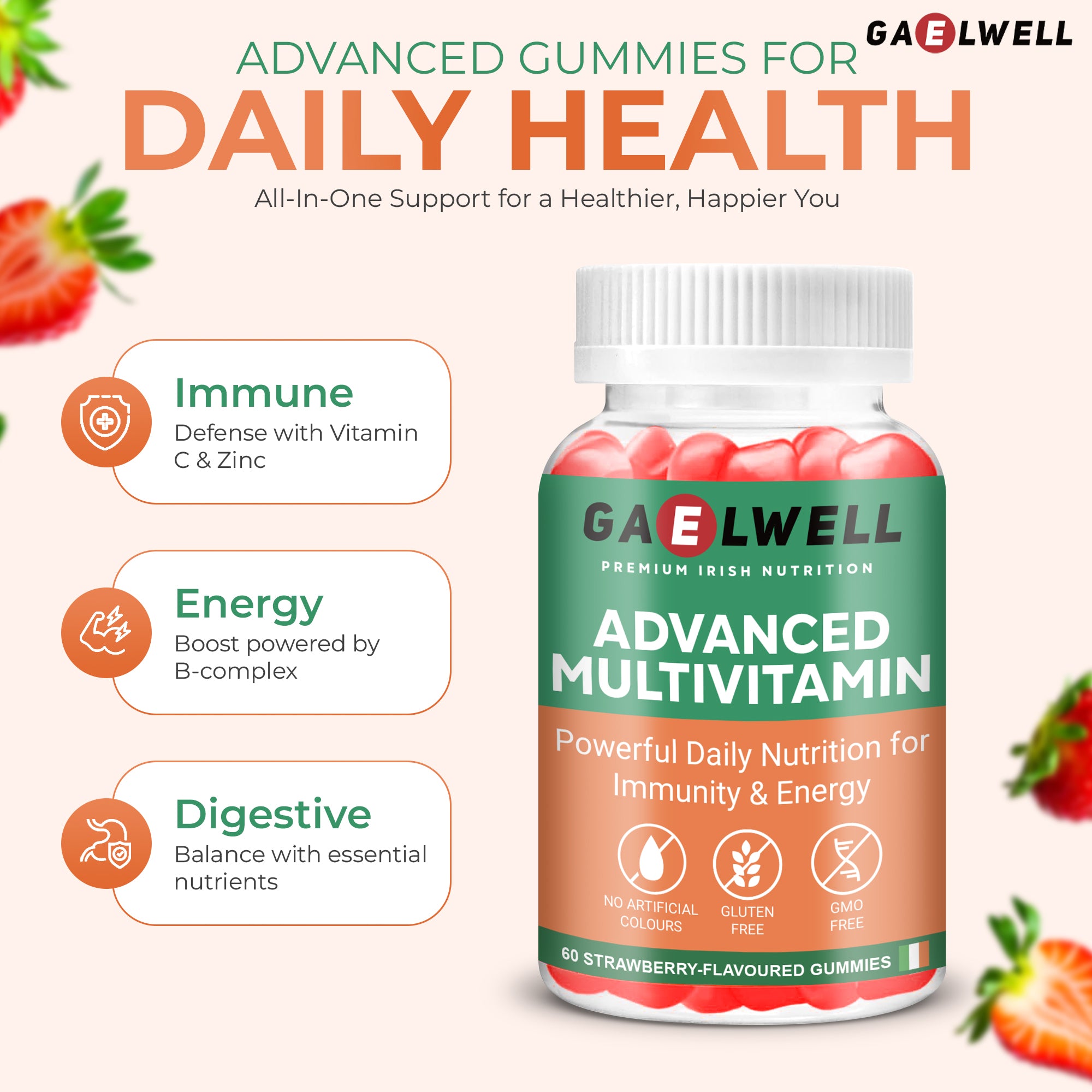 Advanced Multivitamin Gummies for Adults – 60 Strawberry Flavour Gummies – Daily Vitamins A, B-Complex, C, D, E, Zinc & Magnesium – No Artificial Colours – Gluten-Free
