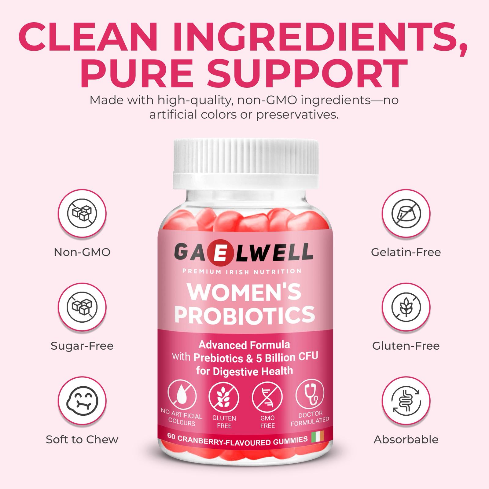 Gaelwell™ Women’s Probiotic Gummies – 5 Billion CFU, 6 Strains – Gut & Digestive Support – Cranberry Flavour – Vegan, Gluten-Free, Non-GMO, HACCP GMP Certified – 60 Gummies