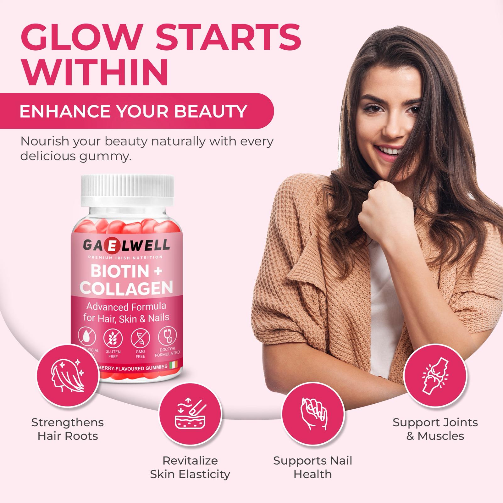Gaelwell™ Biotin + Collagen Gummies - High Strength 5000mcg Biotin, Marine Collagen, Vitamin C, Zinc - Hair Growth, Skin & Nail Support - Gluten-Free, Vegan-Friendly, Non-GMO, 60 Strawberry Gummies