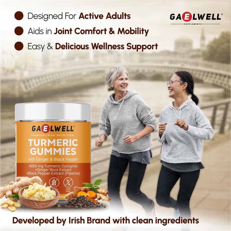 Gaelwell Turmeric Gummies supplement with two people walking in the background.