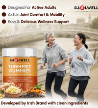 Gaelwell Turmeric Gummies supplement with two people walking in the background.