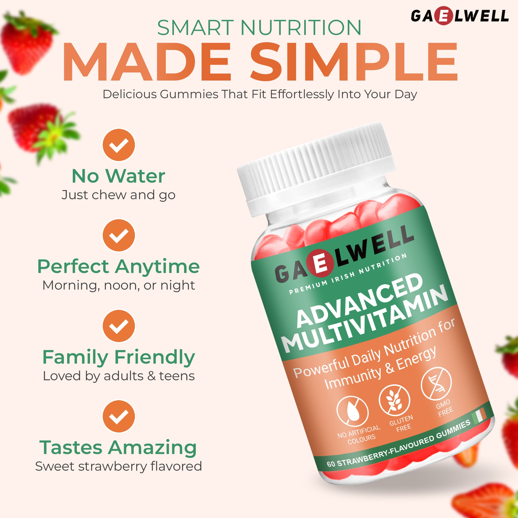 Advanced Multivitamin Gummies for Adults – 60 Strawberry Flavour Gummies – Daily Vitamins A, B-Complex, C, D, E, Zinc & Magnesium – No Artificial Colours – Gluten-Free