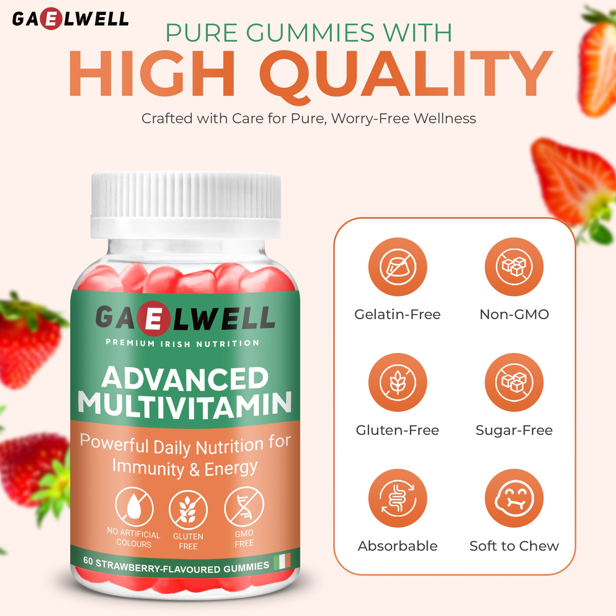 Advanced Multivitamin Gummies for Adults – 60 Strawberry Flavour Gummies – Daily Vitamins A, B-Complex, C, D, E, Zinc & Magnesium – No Artificial Colours – Gluten-Free