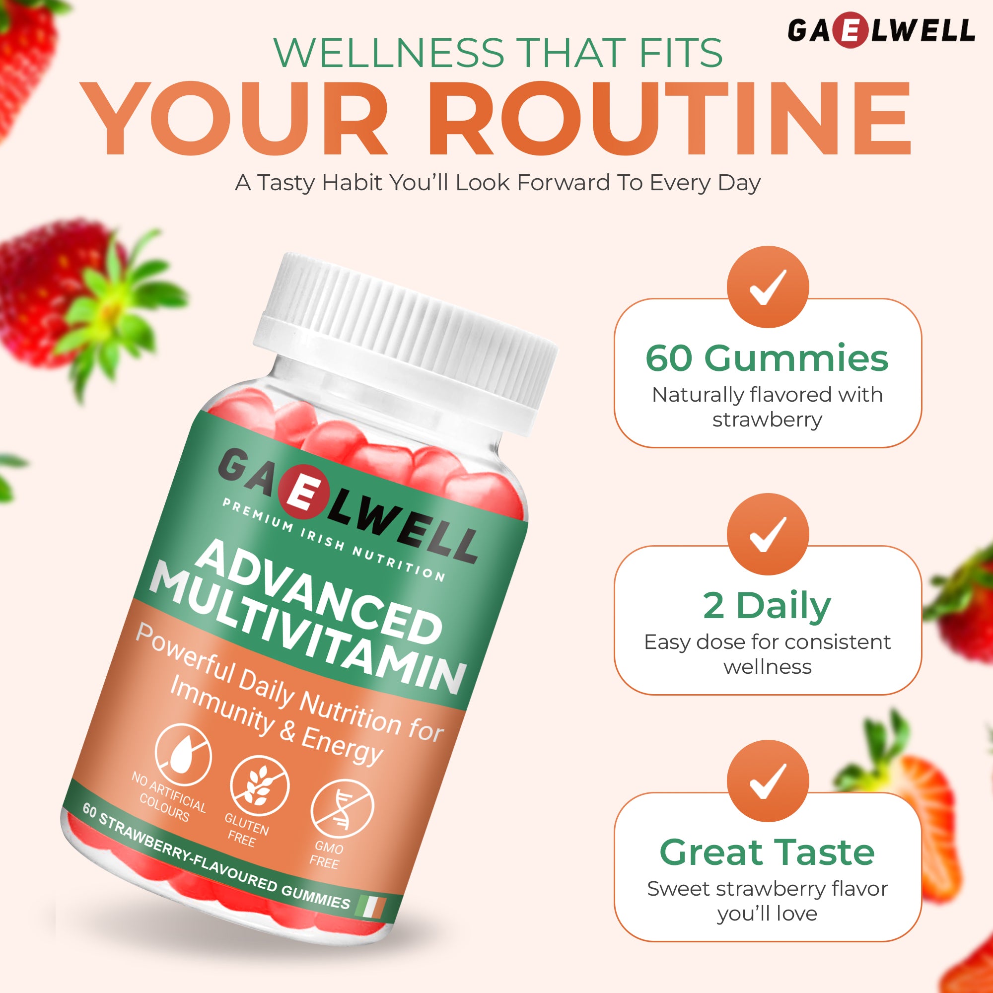 Advanced Multivitamin Gummies for Adults – 60 Strawberry Flavour Gummies – Daily Vitamins A, B-Complex, C, D, E, Zinc & Magnesium – No Artificial Colours – Gluten-Free