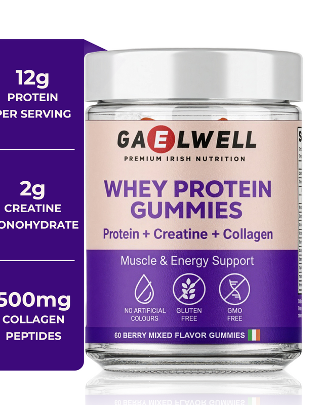 Jar of Gaelwell whey protein gummies on a white background