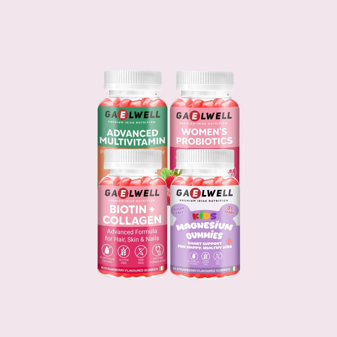 Gaelwell™ Complete Family Wellness Bundle – Women’s Probiotics, Biotin+Collagen, Multivitamin & Kids Magnesium Gummies – Sugar-Free, Vegan & EFSA-Compliant