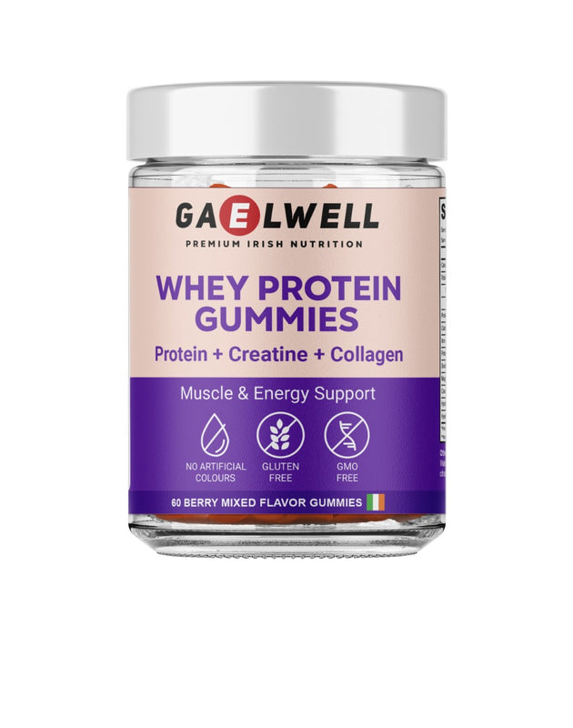 Jar of Gaelwell whey protein gummies on a white background
