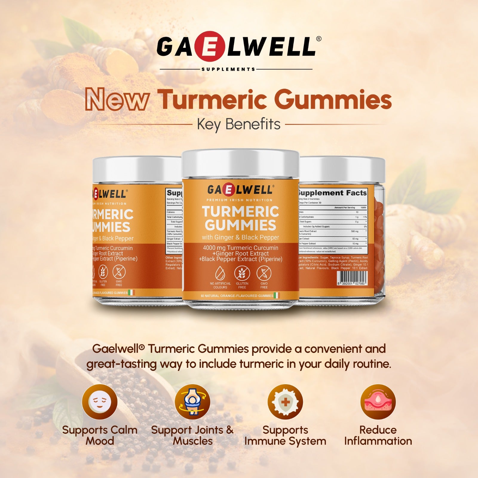 Gaelwell Turmeric Gummies packaging with key benefits on a beige background