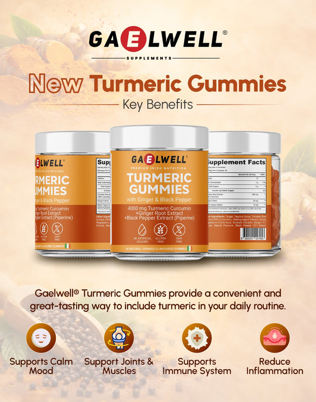 Jar of Gaelwell Turmeric Gummies with ginger and black pepper on a white background