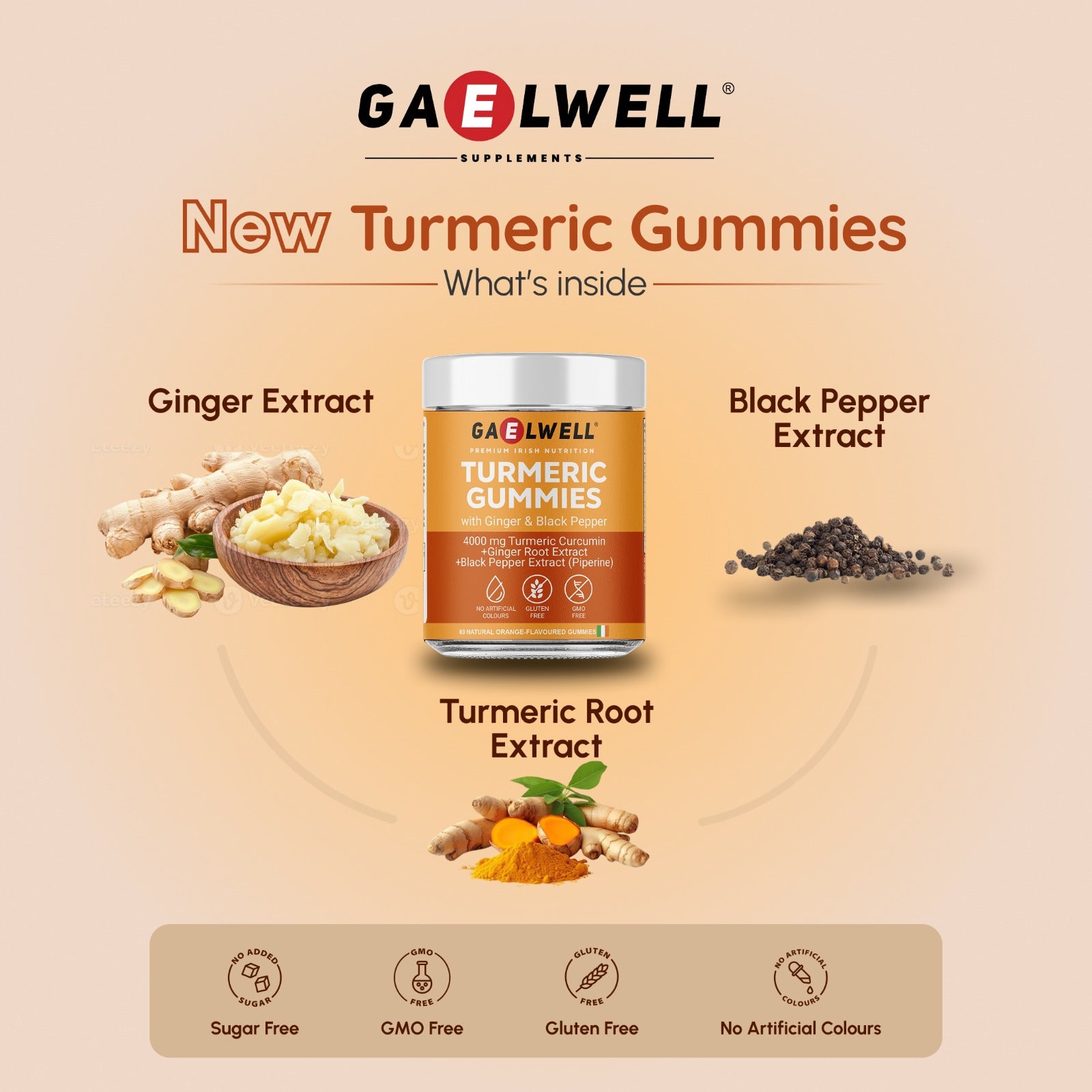 Gaelwell Turmeric Gummies with ingredients on a beige background