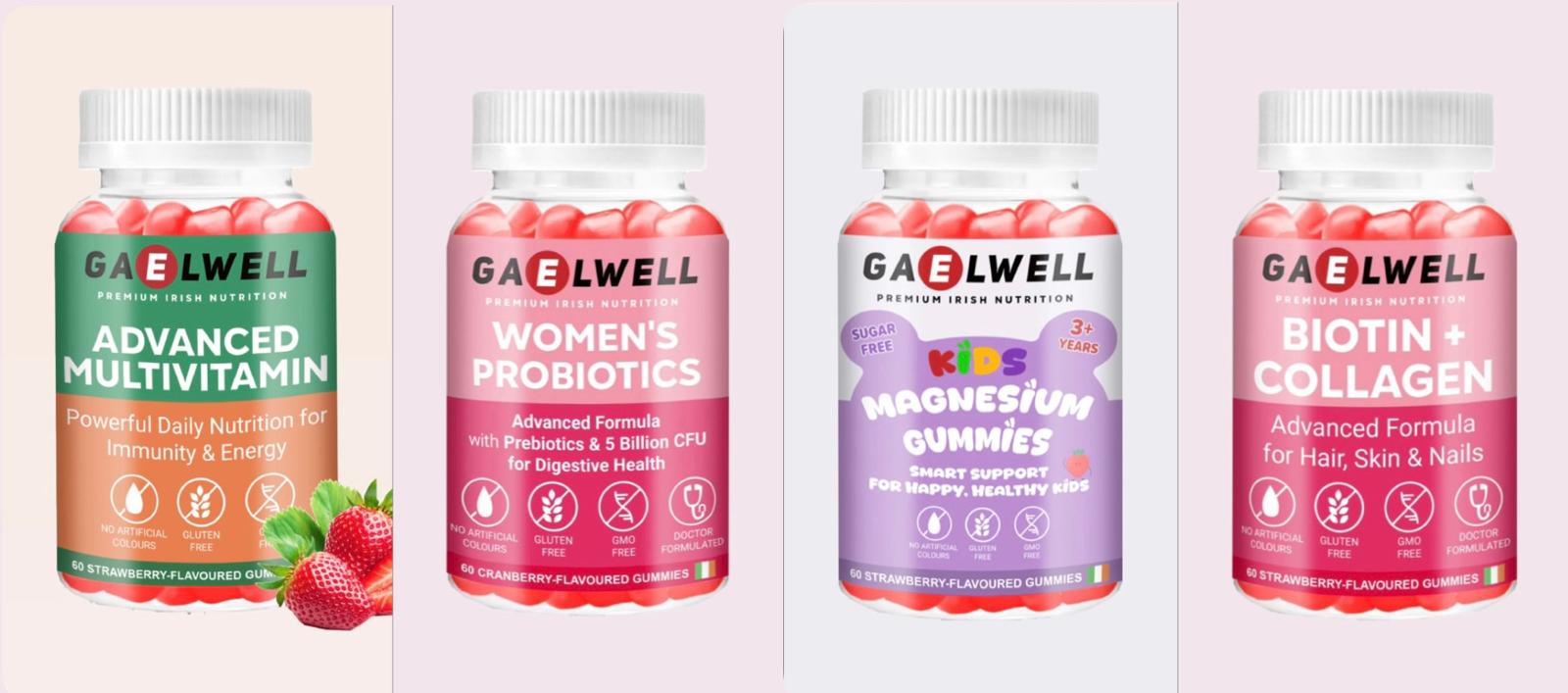 Gaelwell™ Complete Family Wellness Bundle – Women’s Probiotics, Biotin+Collagen, Multivitamin & Kids Magnesium Gummies – Sugar-Free, Vegan & EFSA-Compliant