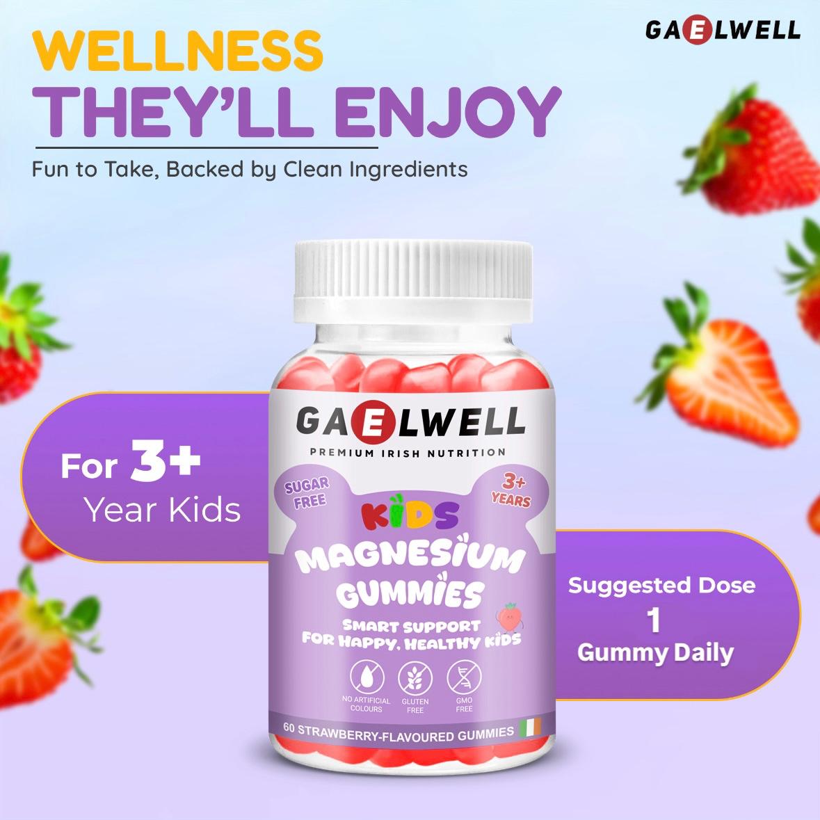 Gaelwell™ Kids Magnesium Gummies with Magnesium Citrate – Sugar-Free Strawberry Flavour – Calm & Sleep Support for (Children 3+) – 60 Gummies – Vegan & Gluten-Free